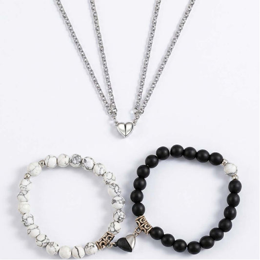 Morna Mart Magnetic Couple Heart Necklace and Natural Stone Bracelet Set