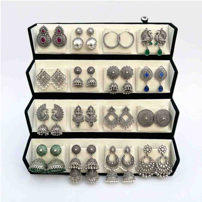 Premium Combo of 16 Pairs Oxidized Silver Earrings for Women & Girls | Traditional Jhumka, Studs & Hoop Set with Jewelry Storage Box